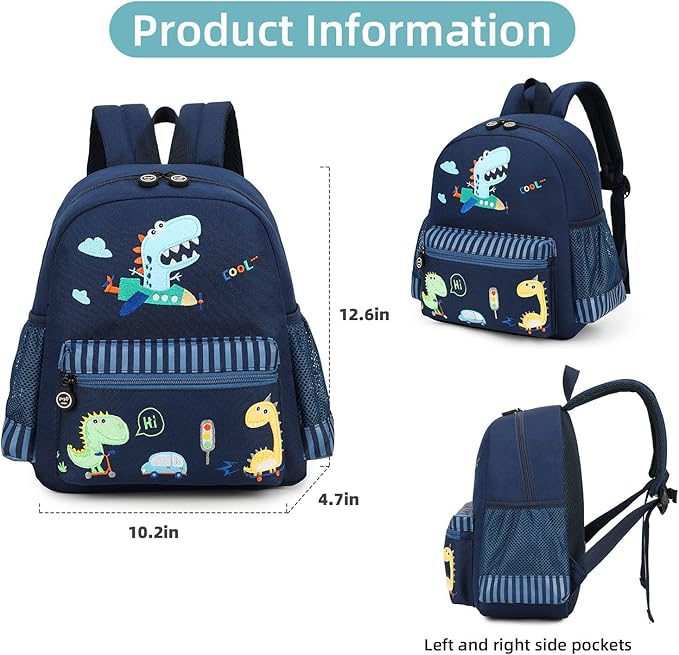 willikiva Cute Zoo 3d Kids Backpack for Boys and Girls Toddler Backpack Bags(Deep Blue Car Dinosaur)