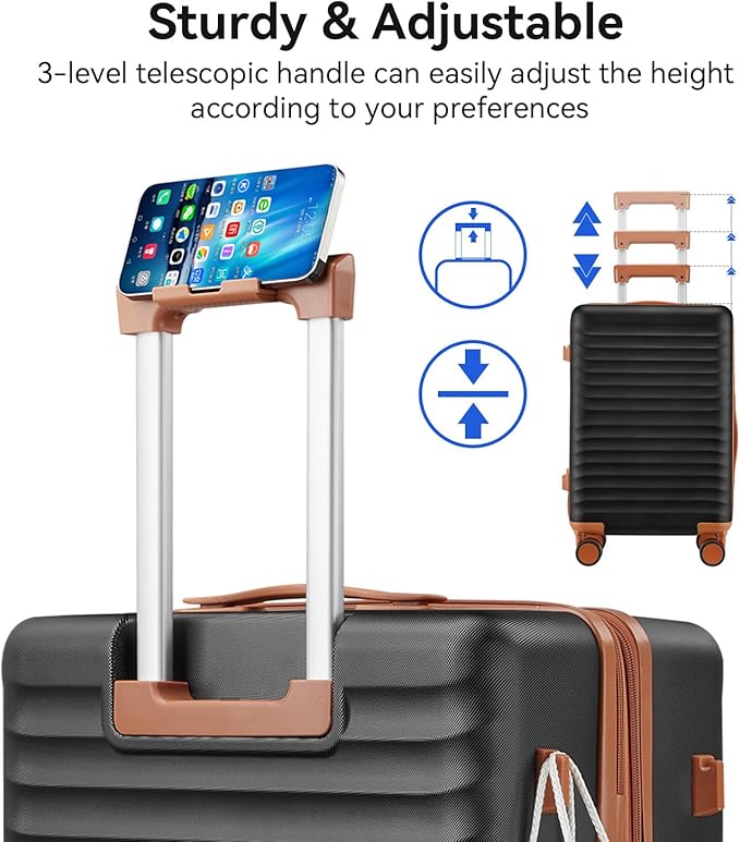 Travel Suitcase Sets 3 Piece, Expandable Hardshell Luggage Sets 3pcs with TSA Lock Spinner Wheels, Black-Brown (20''/24''/28")
