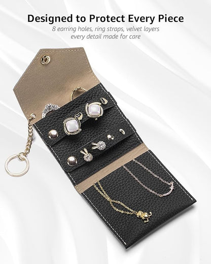 Small Travel Jewelry Organizer Case for Women, Genuine Leather Mini Jewelry Roll with Keychain, Portable Earring Ring Necklace Storage Pouch for Short Trips & Daily Use (Black)