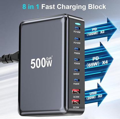 500W USB C Fast Charger Block, 8 Port USB Charging Station, GaN Ⅲ Pro Double 100W PD PPS Port Fast Charging Station for Multiple Devices,Laptop Wall Charger Compatible with MacBook, iPhone 17,iPad etc