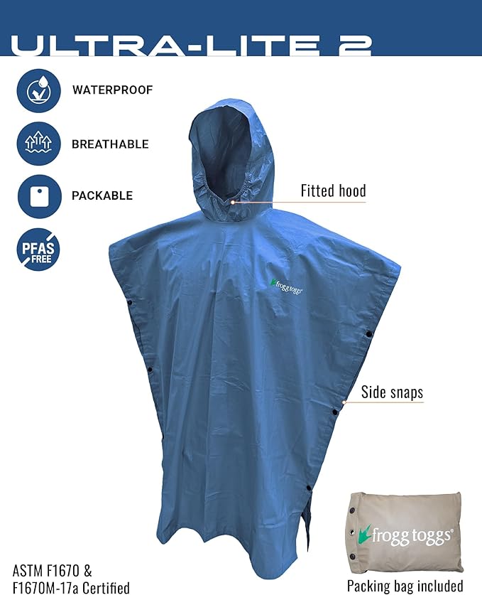 FROGG TOGGS Ultra-lite2 Waterproof, Breathable Rain Poncho, Adult and Youth Sizes