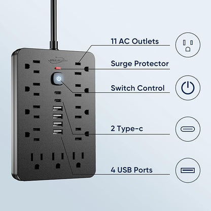 10 FT Flat Plug Surge Protector Power Strip,11 Multiple AC Outlets with 6 USB Ports (2 USB C), 10 Feet Extension Cord, 1250W/10A, One Touch Switch Button, 17 in 1 Compact powerstrip