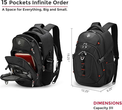 Swissdigital Design Laptop Backpack with USB Charging Port, Travel Backpack Fits 15.6 inches Computer, 31L College School Backpack for Men, Black | SD803-01