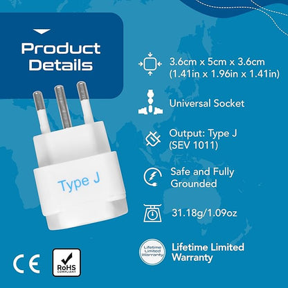 Ceptics Switzerland Travel Plug Adapter (Type J) - 3 Pack [Grounded & Universal] (GP-11A-3PK)