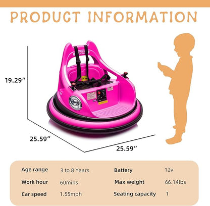 12V Electric Ride On Bumper Car for Kids, Bumper Car for Toddlers 3+ W/Remote Control, LED Lights & 360 Degree Spin, Bluetooth, Anti-Collision Padding Five-Point Safety Belt (Rose Red)