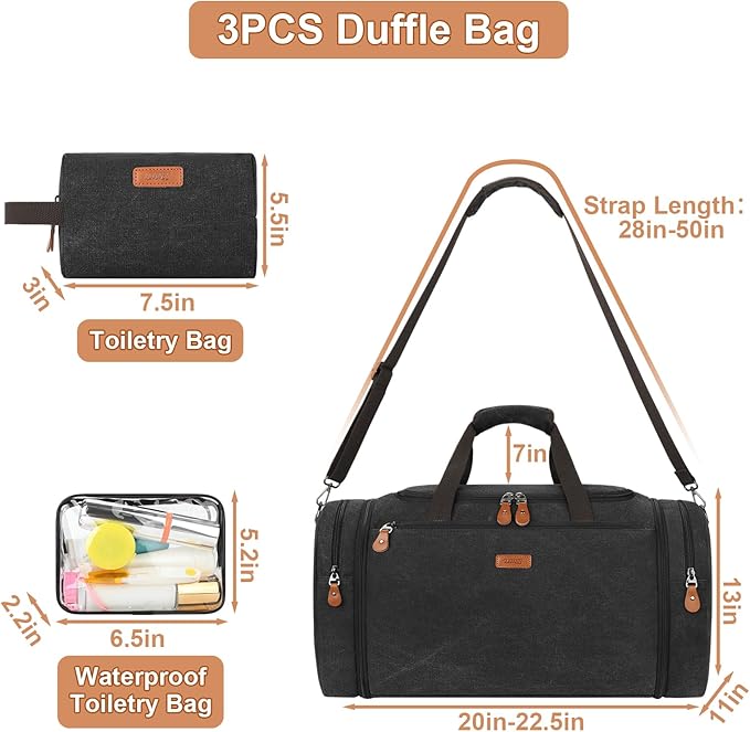Canvas Mens Duffle Bag for Travel - Expandable 50L Weekender Bags with Toiletry Bag, Overnight Bag Travel Duffel Carry On Luggage with Removable Shoulder Strap, Durable & Water-Resistant