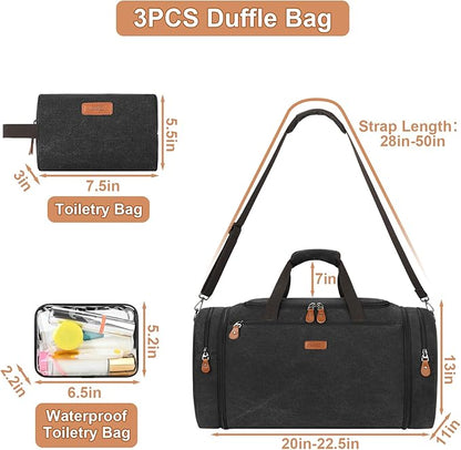 Canvas Mens Duffle Bag for Travel - Expandable 50L Weekender Bags with Toiletry Bag, Overnight Bag Travel Duffel Carry On Luggage with Removable Shoulder Strap, Durable & Water-Resistant
