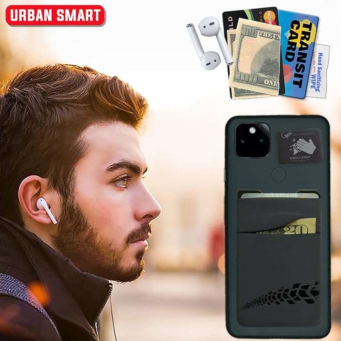 Gecko Travel Tech Double Pocket - Adhesive Card Holder - Cell Phone Pouch - Stick on Spandex Pocket - Carry Credit Cards and Cash (Gray - TIRE)