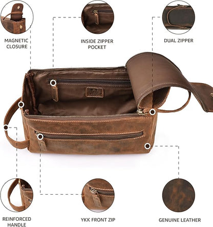 Genuine Leather Travel Toiletry Bag for Men & Women – Premium Water-Resistant Large Dopp Kit, Shaving Organizer & Compact Bathroom Essentials Case – Distressed Brown