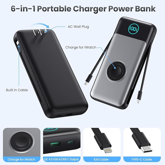 Portable Charger 26800mah for iPhone with Built-in Cables & AC Wall Plug,6-in-1 USB C Power Bank 5 Output Travel Essential,25W PD Fast Charging Battery Pack for iPhone17/16/15/14 Android,Apple Watch