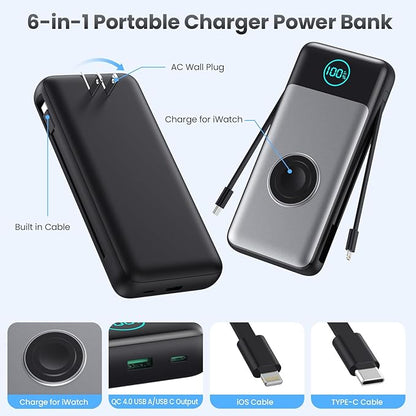 Portable Charger 26800mah for iPhone with Built-in Cables & AC Wall Plug,6-in-1 USB C Power Bank 5 Output Travel Essential,25W PD Fast Charging Battery Pack for iPhone17/16/15/14 Android,Apple Watch