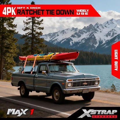 XSTRAP STANDARD Ratchet Tie Down Straps 4 Pk 10 Ft- 300 Lbs Load Cap- 900 Lbs Break Strength-Cargo Straps for UTV, ATV, Pickup,Truck, Moving Appliances, Lawn Equipment, Orange