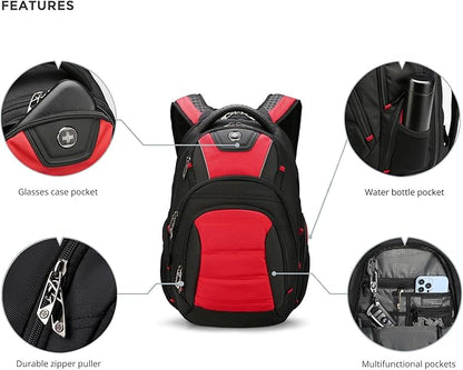 Swissdigital Design Men's Laptop Backpack for College and Business Travel with Integrated USB Charging Port and RFID Protection Fits 15.6" Laptops Black/Red | J14-41