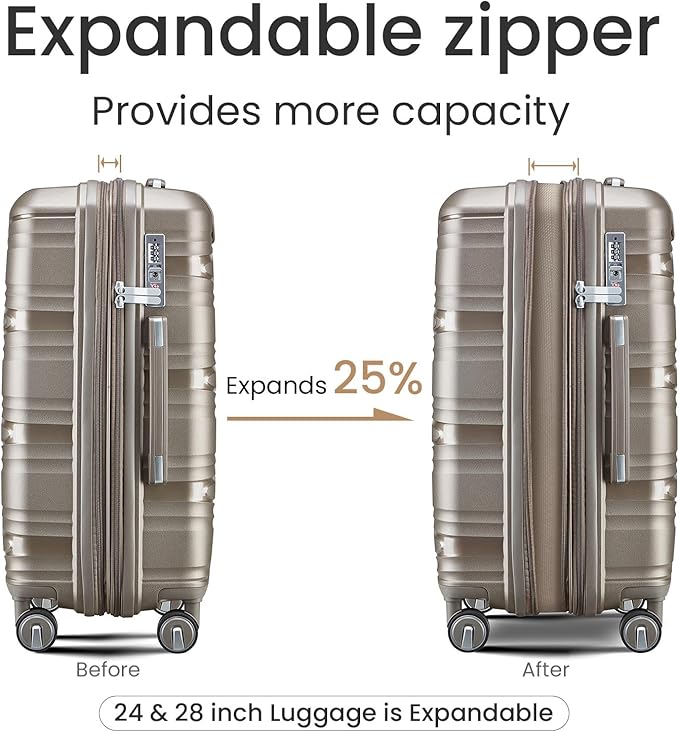 Merax Hardside Luggage Sets 4 Piece with Spinner Wheels,Lightweight Suitcase Set with TSA Lock,Travel Luggage Set with Telescoping HandleChampagne,14/20/24/28