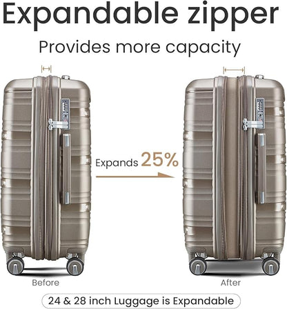 Merax Hardside Luggage Sets 4 Piece with Spinner Wheels,Lightweight Suitcase Set with TSA Lock,Travel Luggage Set with Telescoping HandleChampagne,14/20/24/28