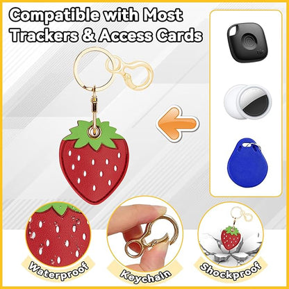 Leather Keychain for Airtag, Cute Protective Keychain Holder Compatible with Apple Air Tag,GPS Item Tracker Case Cover for Keys,Bags,Pets,Luggage(Strawberry)
