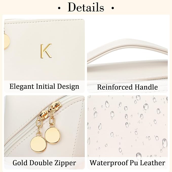 Birthday Gifts for Women Teen Girl, Personalized Initial Makeup Organizer Bag Set, Open Flat Travel Cosmetic Bag With Clear Divider and Handle(Beige,K)