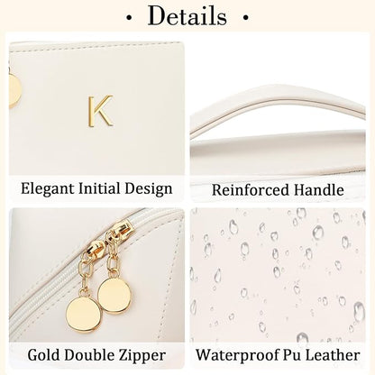 Birthday Gifts for Women Teen Girl, Personalized Initial Makeup Organizer Bag Set, Open Flat Travel Cosmetic Bag With Clear Divider and Handle(Beige,K)