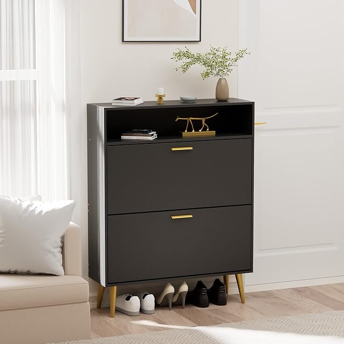 JOZZBY Shoe Cabinet for Entryway, Narrow Shoe Storage Cabinet with 2 Flip Drawers, Freestanding Hidden Shoe Rack Storage with Open Shelves for Hallway, Living Room, Set of 2, Black