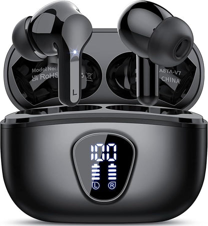 Wireless Earbuds, Bluetooth 5.4 Headphones HiFi Stereo, Bluetooth Earbuds with ENC Noise Cancelling Mic, IP7 Waterproof in Ear Earphones, 48H, LED Display Ear buds for Pad Phones Workout Sports, Black