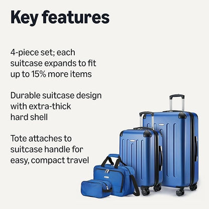 Amazon Basics 4-Piece Luggage Set, Including Two Hardside Suitcases With Multidirectional Spinner Wheels (22" Carry-On and 28" Checked), Plus 15-inch Tote Bag and 10-inch Compact Travel Bag, Navy Blue