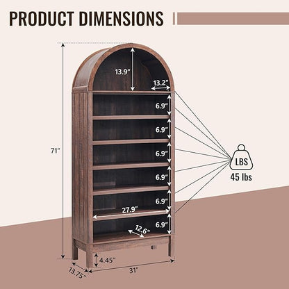 71" Tall Arched Bathroom Storage Cabinet, 7-Tier Modern Farmhouse Storage Cabinet with Adjustable Shelves, Wood Freestanding Cabinet for Bathroom, Living Room, Entryway, Hallway-Brown