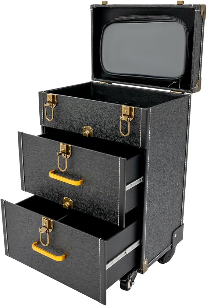 Rolling Makeup Case w/ 2 Keys, 3-tier Lockable Makeup Train Case w/ Drawers, Removable Baffle Nail Polish Organizer, Travel Cosmetic Case w/ 17.7in Telescopic Rod, 14.2*9*19.3in, Bronze Latch+Black