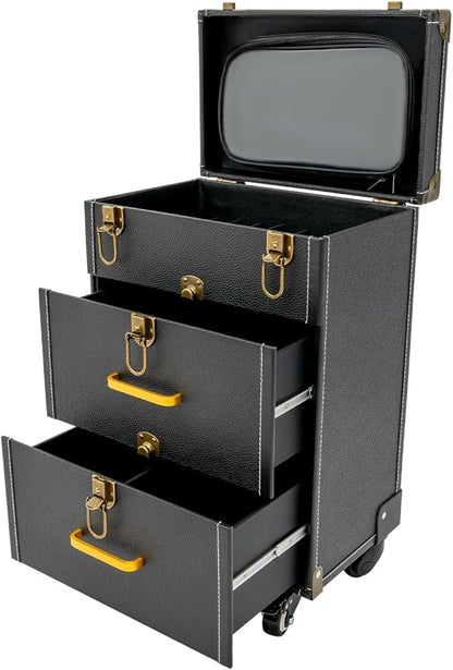 Rolling Makeup Case w/ 2 Keys, 3-tier Lockable Makeup Train Case w/ Drawers, Removable Baffle Nail Polish Organizer, Travel Cosmetic Case w/ 17.7in Telescopic Rod, 14.2*9*19.3in, Bronze Latch+Black