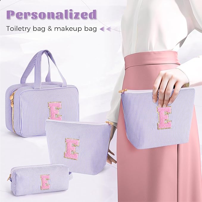 Personalized Initial Toiletry Makeup Bag - Travel Cosmetic Bag for Mom,Niece,Teen Girl Birthday Gifts - Lavender E