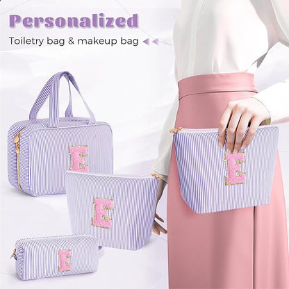 Personalized Initial Toiletry Makeup Bag - Travel Cosmetic Bag for Mom,Niece,Teen Girl Birthday Gifts - Lavender E