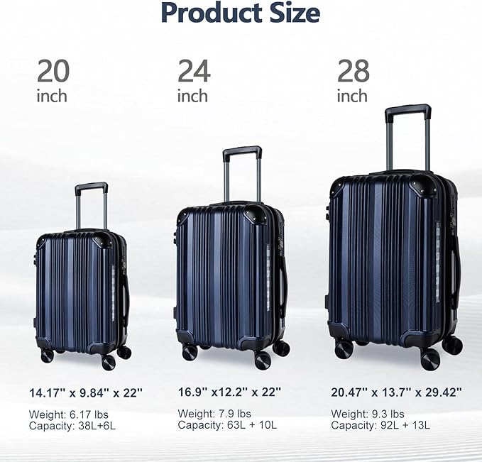OUZZO 3 Piece Luggage Sets Hardshell Expandable Suitcases Sets with Double Spinner Wheels Lightweight ABS+PC Checked Luggage with TSA Lock for Women Men Family Trips