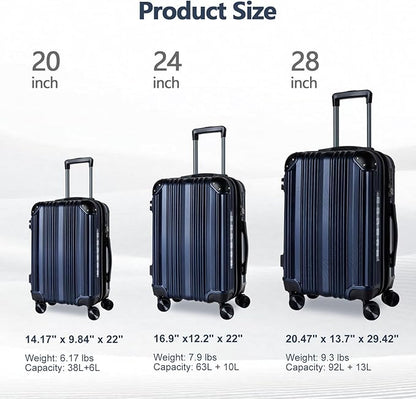 OUZZO 3 Piece Luggage Sets Hardshell Expandable Suitcases Sets with Double Spinner Wheels Lightweight ABS+PC Checked Luggage with TSA Lock for Women Men Family Trips