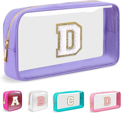 Small Clear Personalized Initial Makeup Bag,Nylon Preppy A-Z Chenille Letter Patch Cosmetic Pouch Beach Toiletry Bag,Waterproof Zip Travel Purse Storage Bag Organizer for Women Girls(Purple-White D)