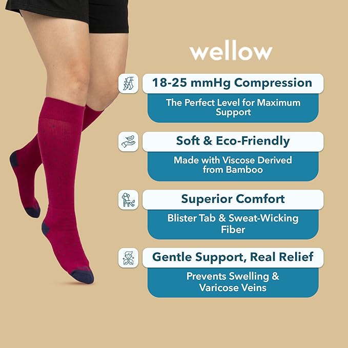 Wellow Premium Socks (Compression Socks - Regular) for Men & Women, Made with Viscose from Bamboo, Knee High, 18-25 mmHg