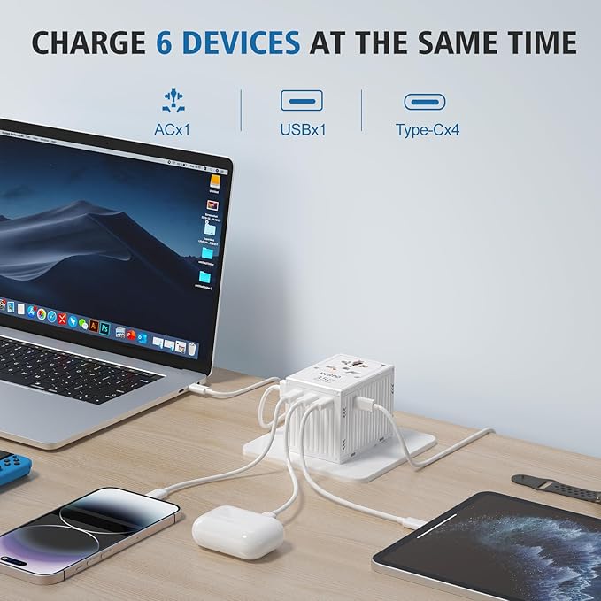 Travel Adapters, International Power Travel Plug Adapter, 3 USB-C & 1 USB-A Fast Charging Travel Charger, All in One Worldwide Travel Plug Adapter,(White-35W)