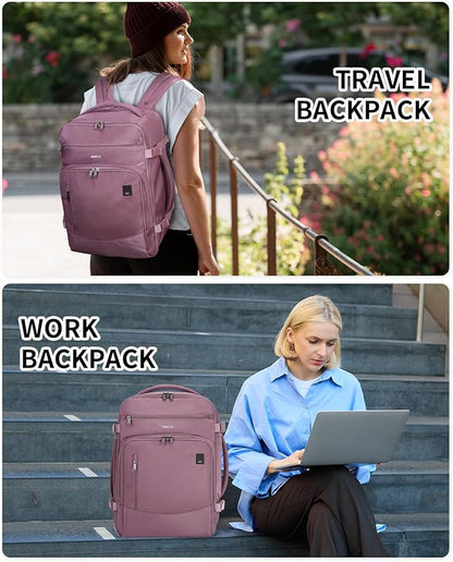 ECOHUB Travel Backpack for Women, 18x14x8 Spirit Airlines Personal Item Bag with Clear Toiletry Bag, Laptop Carry on Backpack with USB Port, Airline Approved Under Seat 14 Pockets 30L, Pink