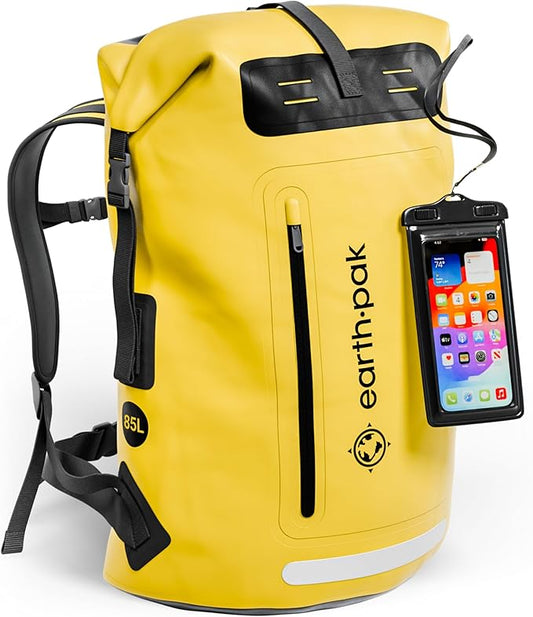 Earth Pak Waterproof Backpack - Heavy Duty Roll-Top Closure with Easy Access Front-Zippered Pocket and Cushioned Padded Back Panel for Comfort with IPX8 Waterproof Phone Case, Yellow, 85L, Messenger