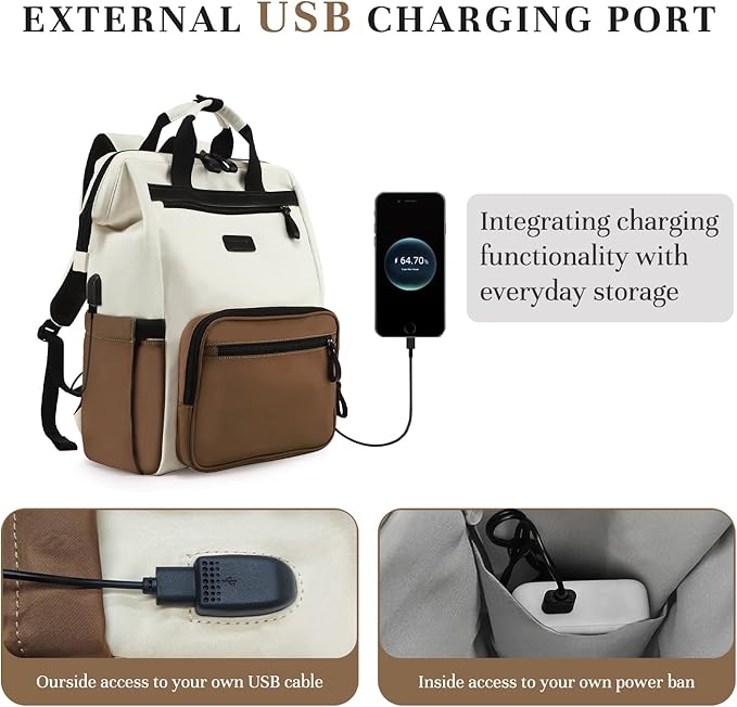 Timeet Laptop Backpack for Women Men, 15.6 Inch Travel Backpack with USB Charging Port, Water Resistant & Anti-theft for Work College Business, Multifunctional Carry on Backpack, White-brown