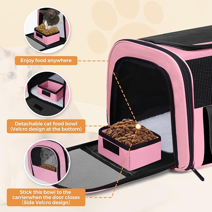 Cat Carrier Soft for Pets Up to 15 Lbs, Cat Travel Bag with Padded Shoulder Strap and Detachable Cat Food Bowl, Pet Dog Carriers for Small Dogs Travel Puppy Carry Airline Approved, Pink