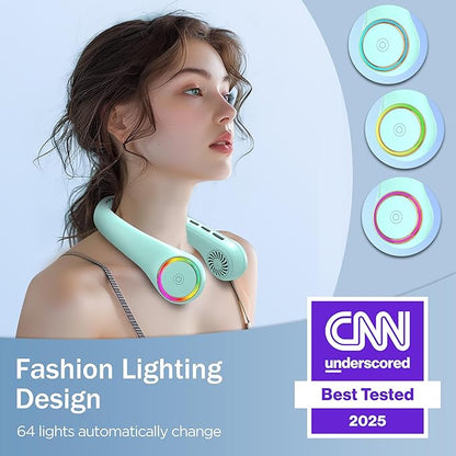 Portable Neck Fan, Personal Fan with 4000mAh Battery, Rechargeable Neck Fan with 3 Speeds and 64 Cool Lights, Birthday Gifts for Men Women Mom Dad, Hands Free Cooling fan for Summer(Green)
