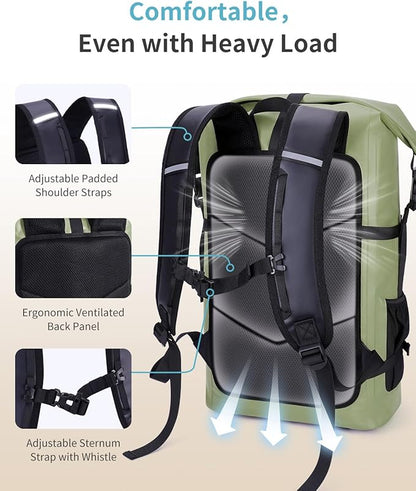 ECOHUB Waterproof Backpack for Women Men, 30L Roll-Top Closure Heavy Duty Dry Bag for Travel with IPX8 Waterproof Phone Case