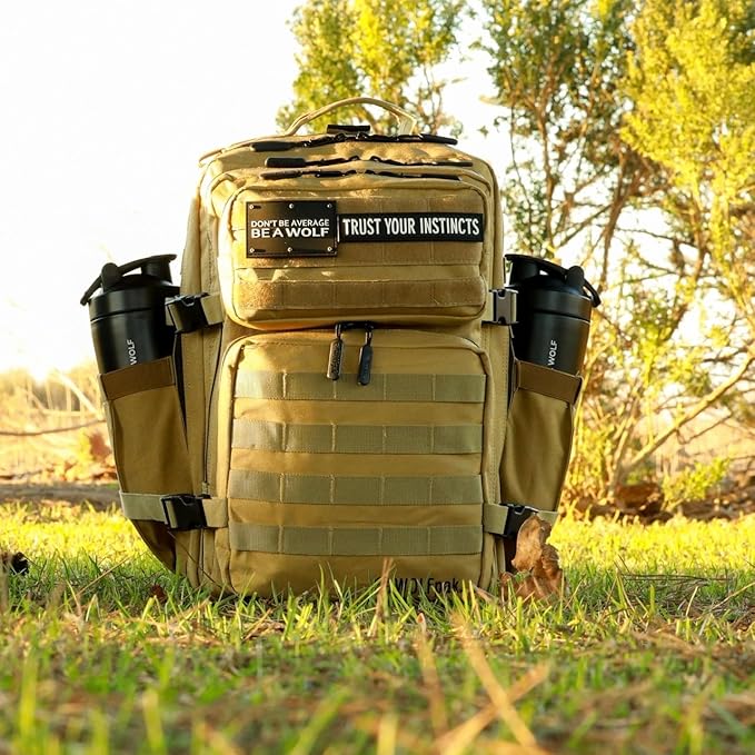 WOLFpak 35L Athletic Gym Backpack - Durable 1000D Waterproof Oxford Material with MOLLE Webbing, Laptop Pocket & Dual Cup Holders, Durable Fitness/Travel/Military Daypack (Khaki)