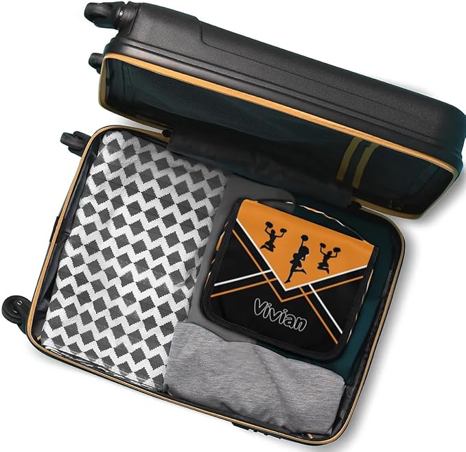Custom Travel Toiletry Bag with Hanging Hook, Spacious Waterproof Cheerleading Toiletry Bag for Women for Travel Accessories, Toiletries Essentials. Orange Black Cheer