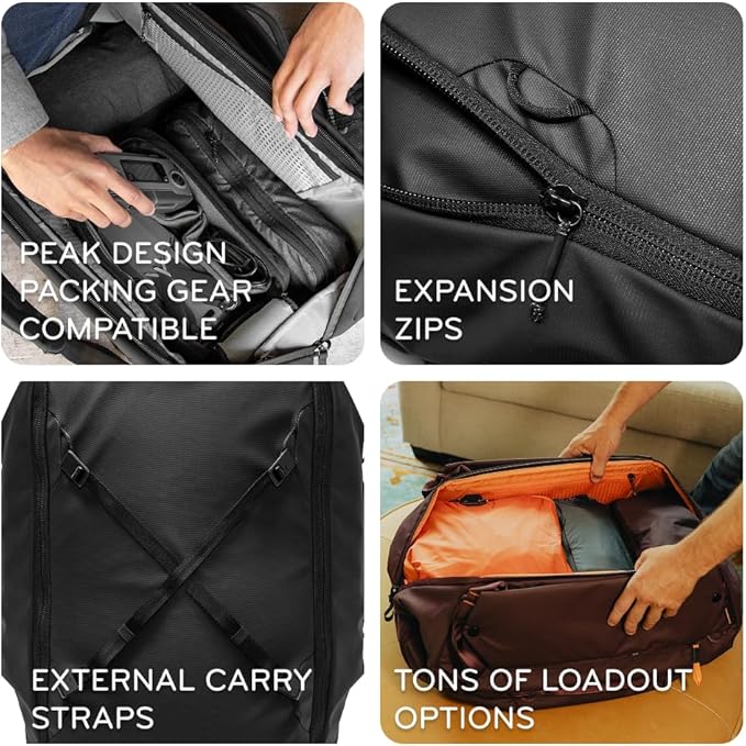 Peak Design Travel Duffelpack 45-65L, Eclipse, Weatherproof Duffel Backpack, Expandable, Extra-Long Zip, Stowable Straps, Fits Packing & Camera Cubes, Versatile Bag for Travel & Adventure