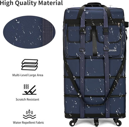 130L Expandable Luggage, 40 Inch Suitcase with Wheels, Collapsible Luggage with Wheels, Rolling Duffle Bag with wheels,Foldable Suitcase with2Handle Wrap 2Fixing Straps 1Shoulder Strap (Blue)