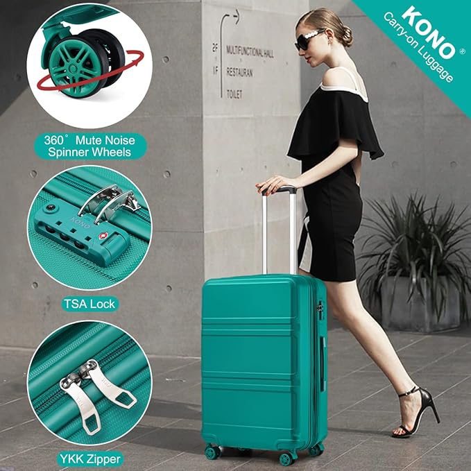 Kono 4 Piece Luggage Sets Expandable(only 28") with Spinner Wheels TSA Lock Lightweight PC+ABS Hardside Travel Rolling Suitcases 20in 24in 28in Carry on and 12in Mini Cosmetic Case Turquoise