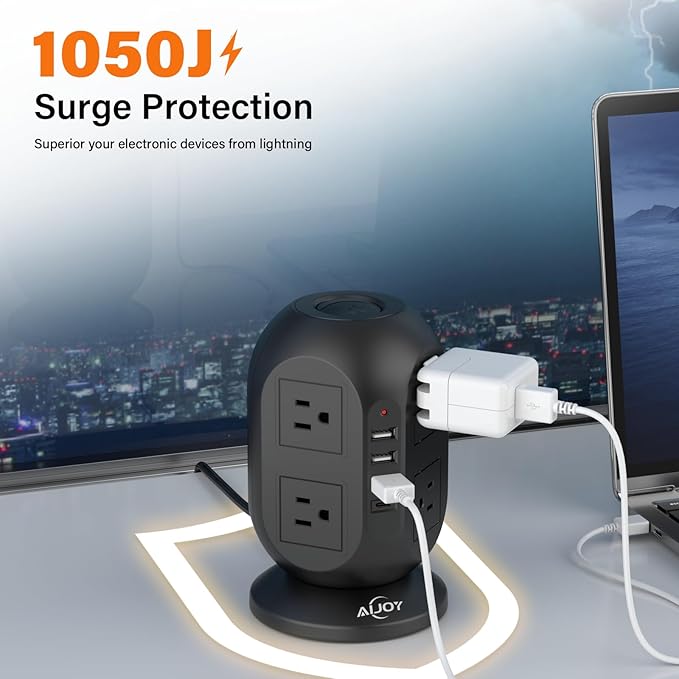 AiJoy Surge Protector Power Strip Tower with 8 Outlets 4 USB Ports(1 USB-C), 10 FT Flat Extension Cord with Multiple Outlets, Charging Tower with Surge Protection for Home Office Dorm Room Essentials