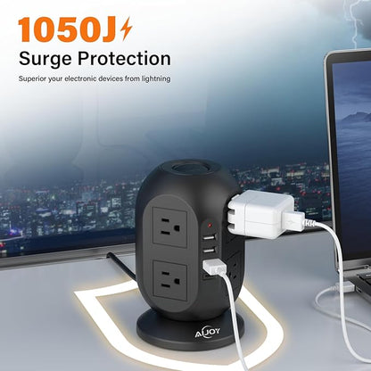 AiJoy Surge Protector Power Strip Tower with 8 Outlets 4 USB Ports(1 USB-C), 10 FT Flat Extension Cord with Multiple Outlets, Charging Tower with Surge Protection for Home Office Dorm Room Essentials