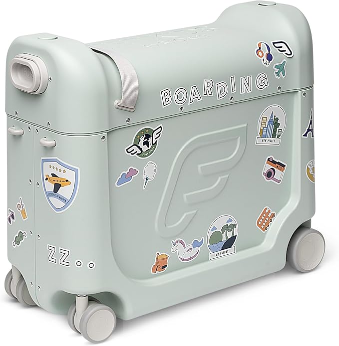 Stokke JetKids BedBox, Green Aurora - Ride-On Suitcase for Kids 2-7 Years Old (up to 77 lbs) - Transforms Into Bed - Includes Mattress, Decorative Stickers & Adjustable Carrying Strap