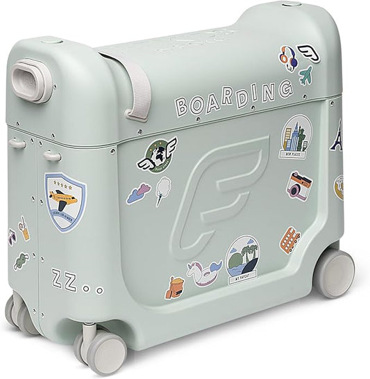 Stokke JetKids BedBox, Green Aurora - Ride-On Suitcase for Kids 2-7 Years Old (up to 77 lbs) - Transforms Into Bed - Includes Mattress, Decorative Stickers & Adjustable Carrying Strap